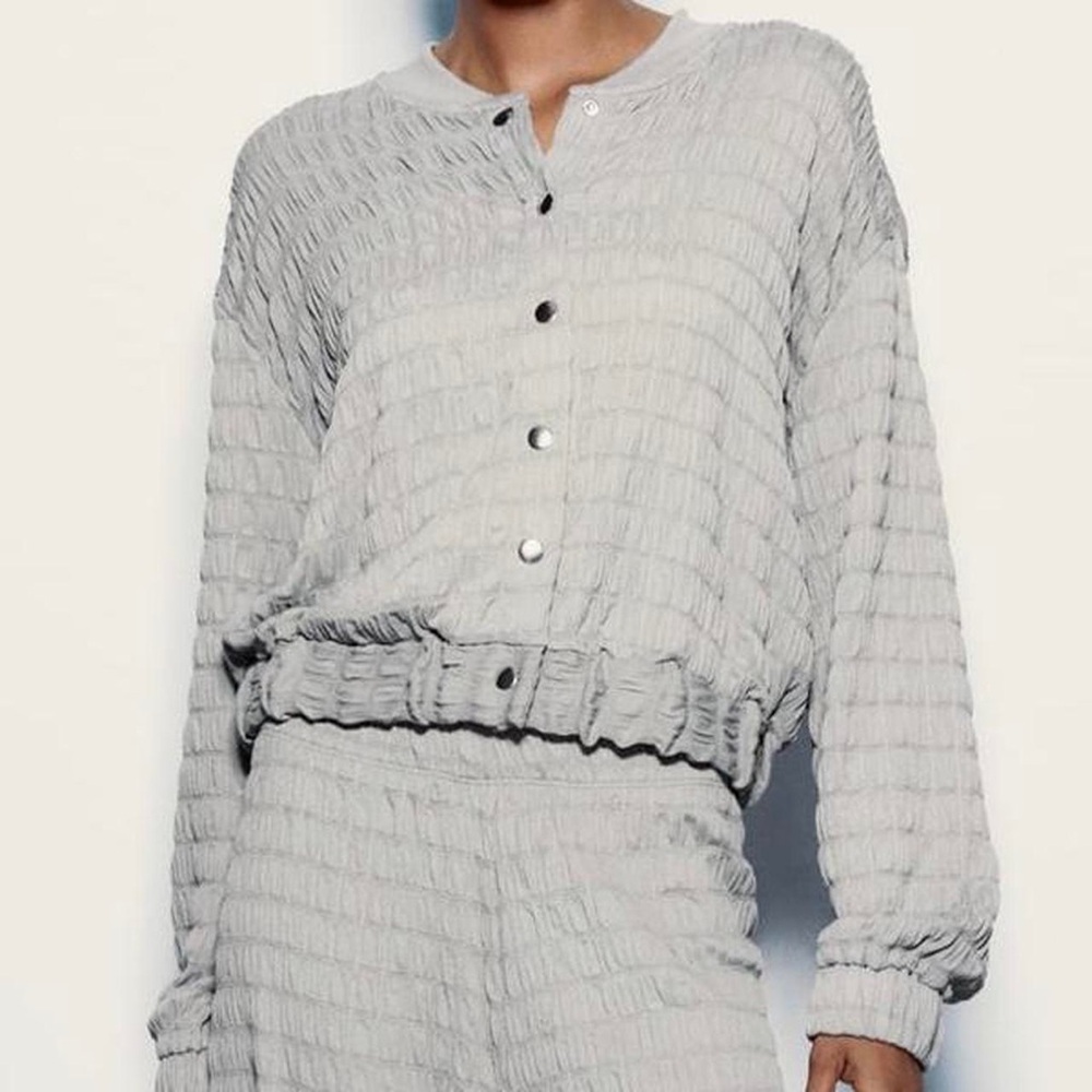 NWT Zara Textured ruched gray bomber jacket & wide leg pants coord set medium L
